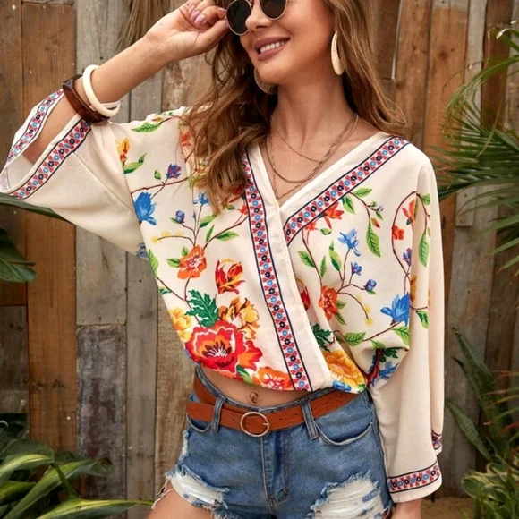 Floral Print Wrap Blouse Crop Top - Picture 1 of 6